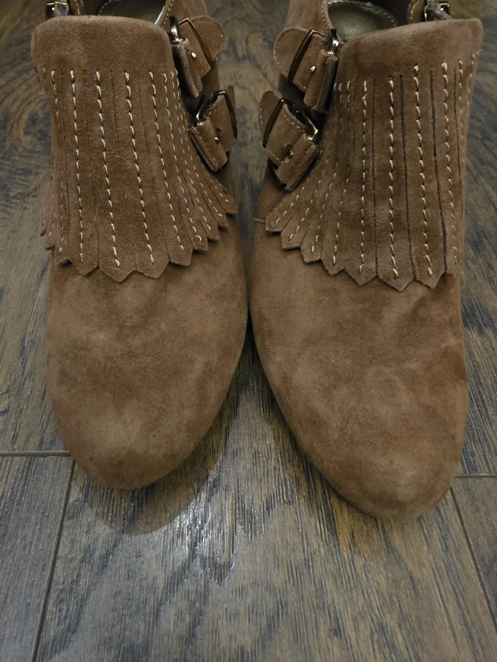 Anne Klein Brown Suede Fringe Buckle Ankle Booties